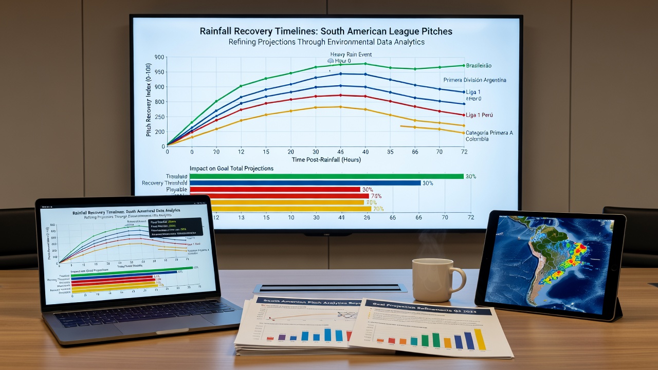 Data charts illustrating rainfall recovery timelines and goal projection adjustments for South American soccer leagues