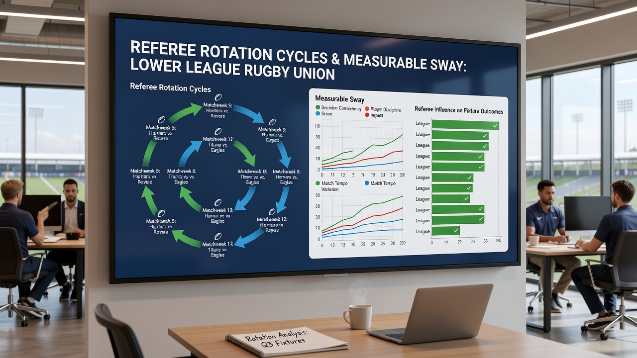 Data charts tracking scrum penalty rates during referee rotation periods in rugby union