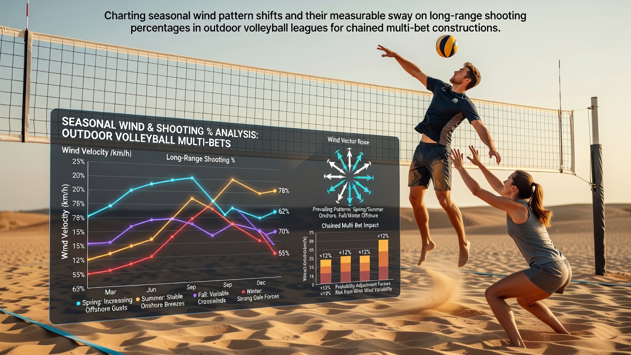 Seasonal wind charts overlaid on outdoor volleyball court diagrams showing directional shifts affecting serve and spike trajectories