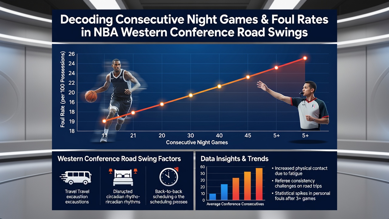 Analytics dashboard displaying foul rate trends for NBA Western Conference teams on consecutive night road games