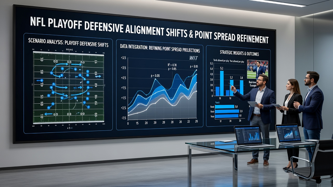 Coaches reviewing defensive formation diagrams on a tablet during NFL postseason preparation