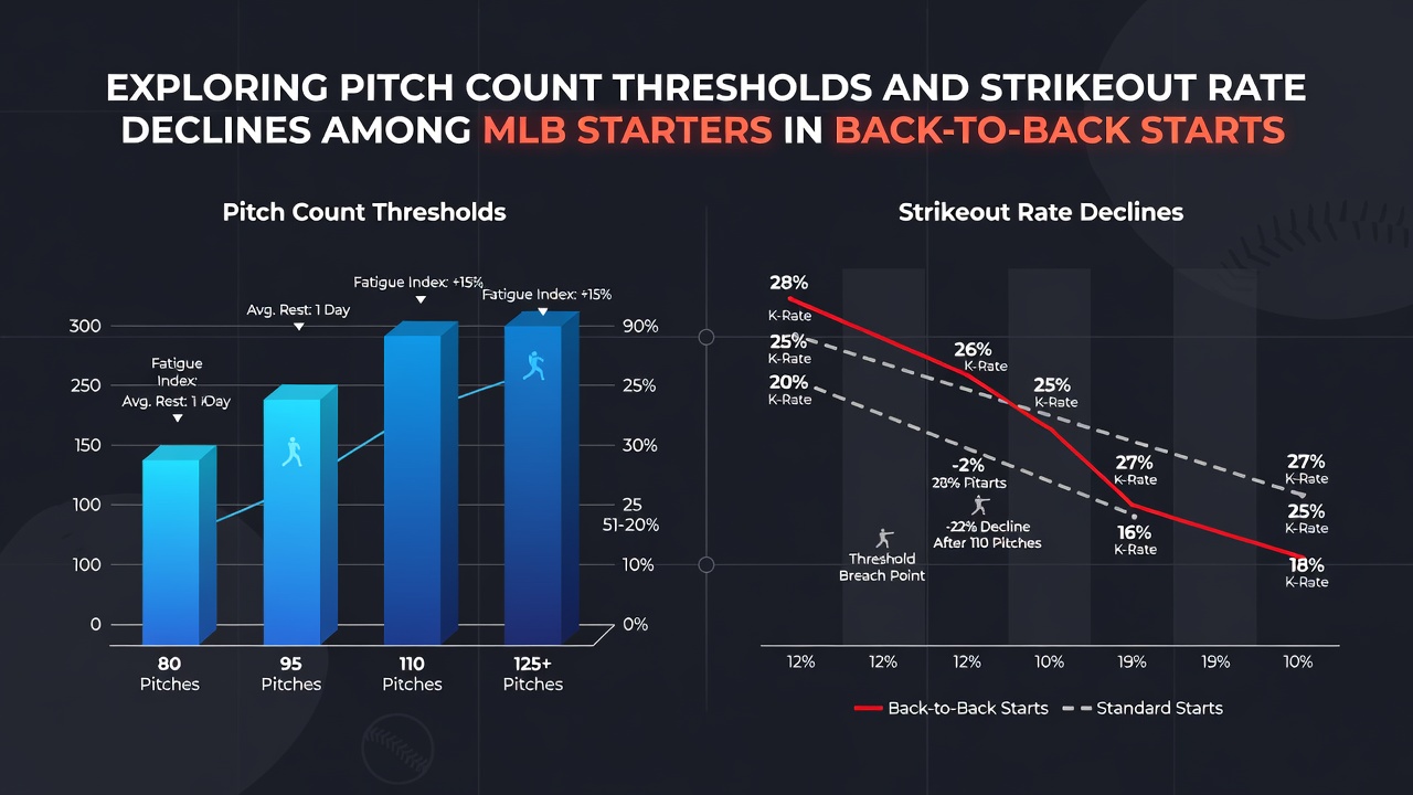 Data visualization chart showing strikeout rate decline curves for MLB starters after exceeding pitch count thresholds in consecutive games