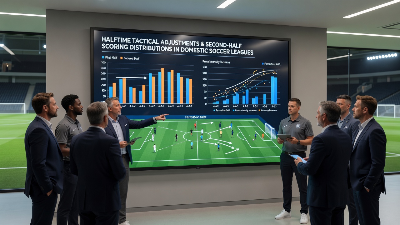 Second-half goal timing chart illustrating scoring distributions after halftime tactical changes in European domestic leagues