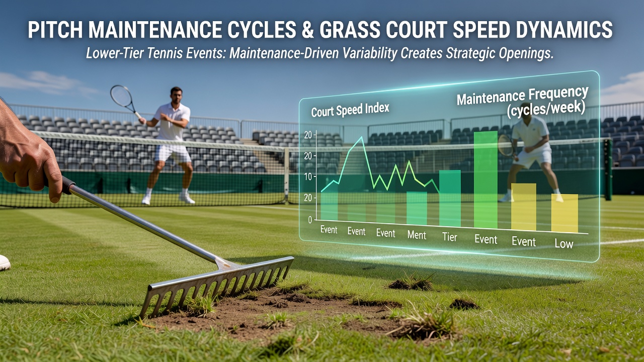 Close-up of grass court surface showing mower lines and roller marks during a lower-tier tennis tournament