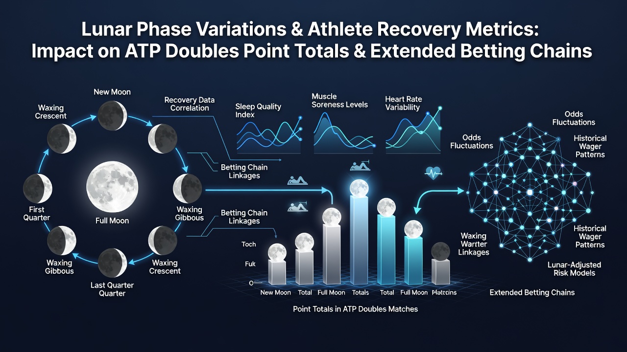 Illustration of lunar phases overlaid with tennis court recovery metrics and ATP doubles statistics