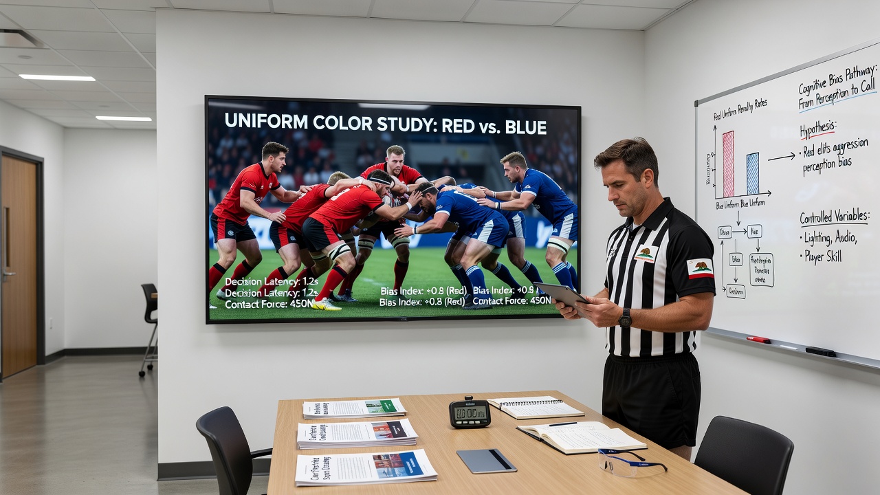 Close-up of referee issuing a card with players in red and blue uniforms visible