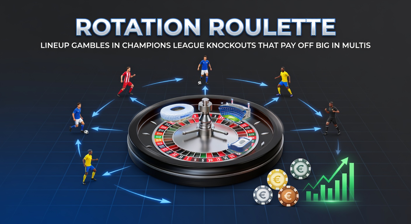 Champions League knockout match with players rotating on the pitch under stadium lights, highlighting tactical gambles in high-stakes games