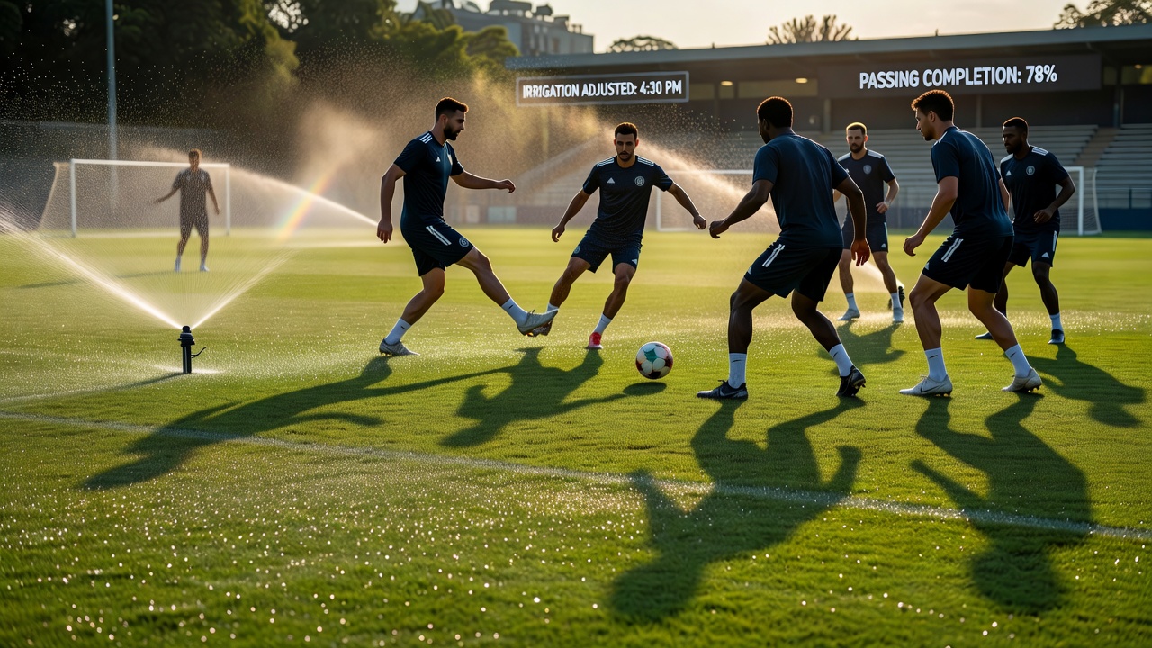Close-up of Bundesliga pitch surface with visible moisture gradients affecting ball roll