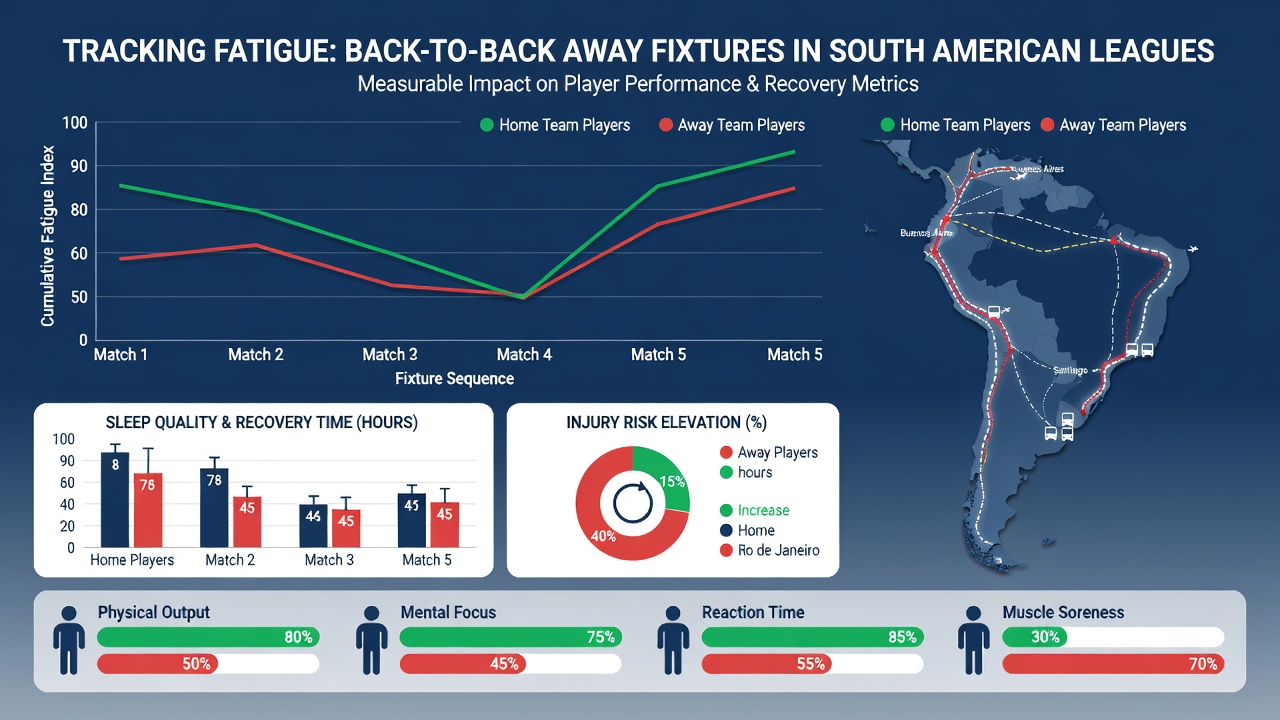 Detailed stats overlay showing set-piece conversion drops after consecutive away games in South American leagues